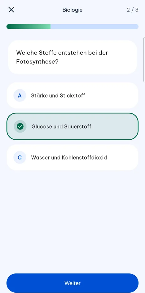Generierte Übungsfrage zur Fotosynthese mit markierter richtiger Antwort