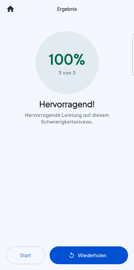Ergebnis einer Übung: 100 Prozent, 3 von 3 richtig